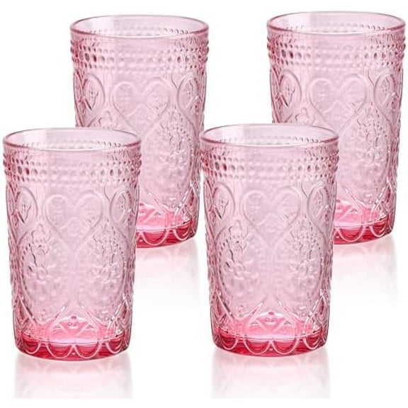 Vintage Drinking Glasses Set of 4-12 OZ Pink Embossed Old Fashioned Water Glasses Tumblers for Whisky, Beer, Juice, Beverages, Cocktail$$