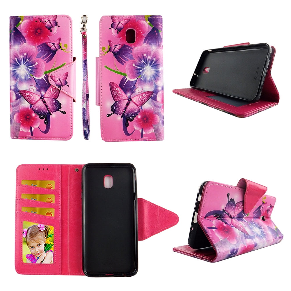 Butterfly Flower Pink Wallet Case For Samsung Galaxy J7 2018 J7 Refine J7 V 2nd Gen J7