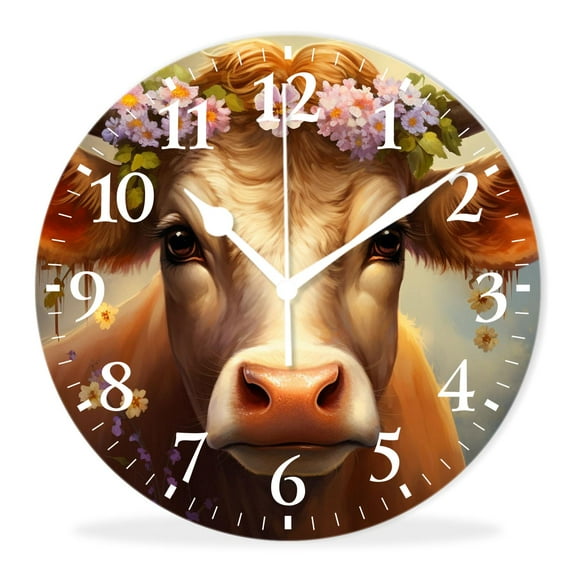 Decorative Wall Clocks Non-Ticking Silent Quartz Clocks with Arabic Numerals for Home-Farmhouse Cow Flower Art(10inch)