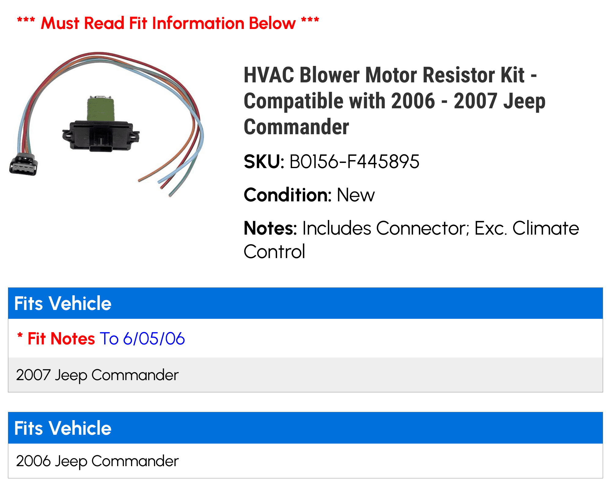 HVAC Blower Motor Resistor Kit - Compatible with 2006 - 2007 Jeep Commander