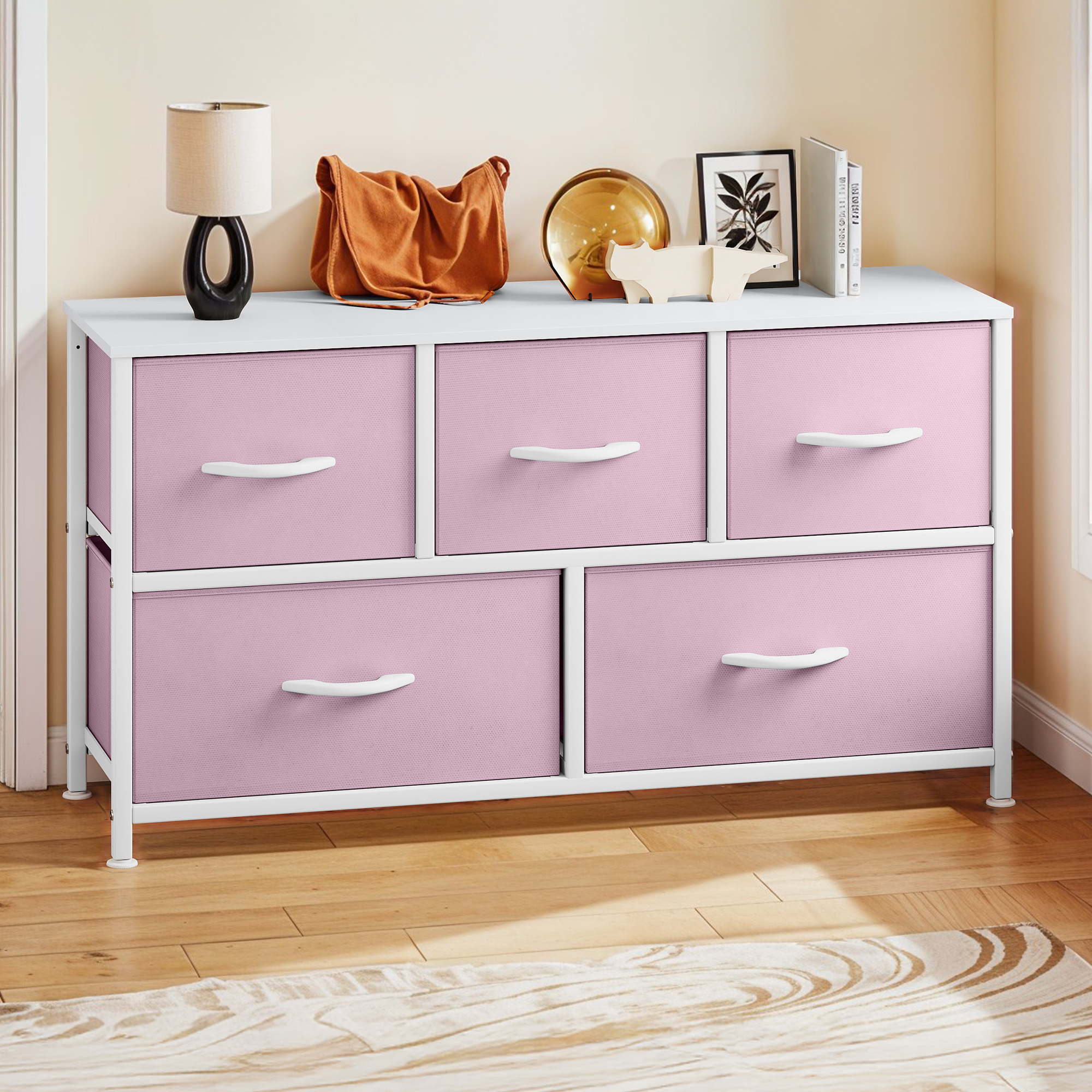 Uforic Wide Fabric Dresser with 5 Drawers,Storage Organizer with White Plastic Handles,Steel Frame,and Wooden Top for s, Living Rooms