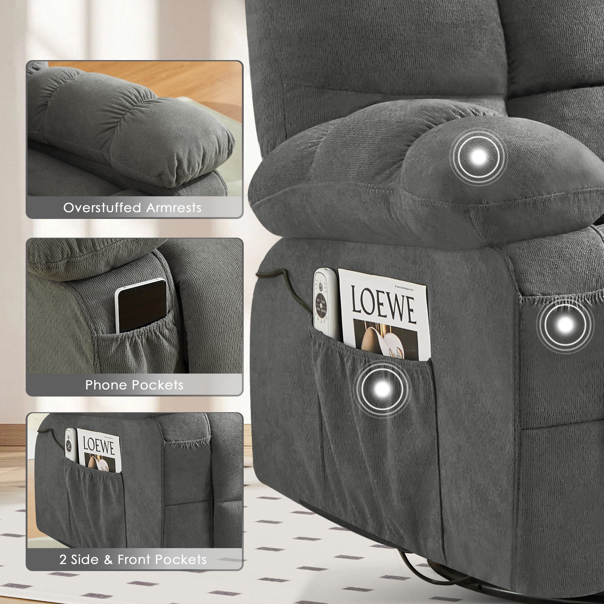 Alvantor Swivel Rocker Recliner Chair with Massage & Heat Single Rocker Sofa with Cup Holders for Bedroom Home Theater Gray