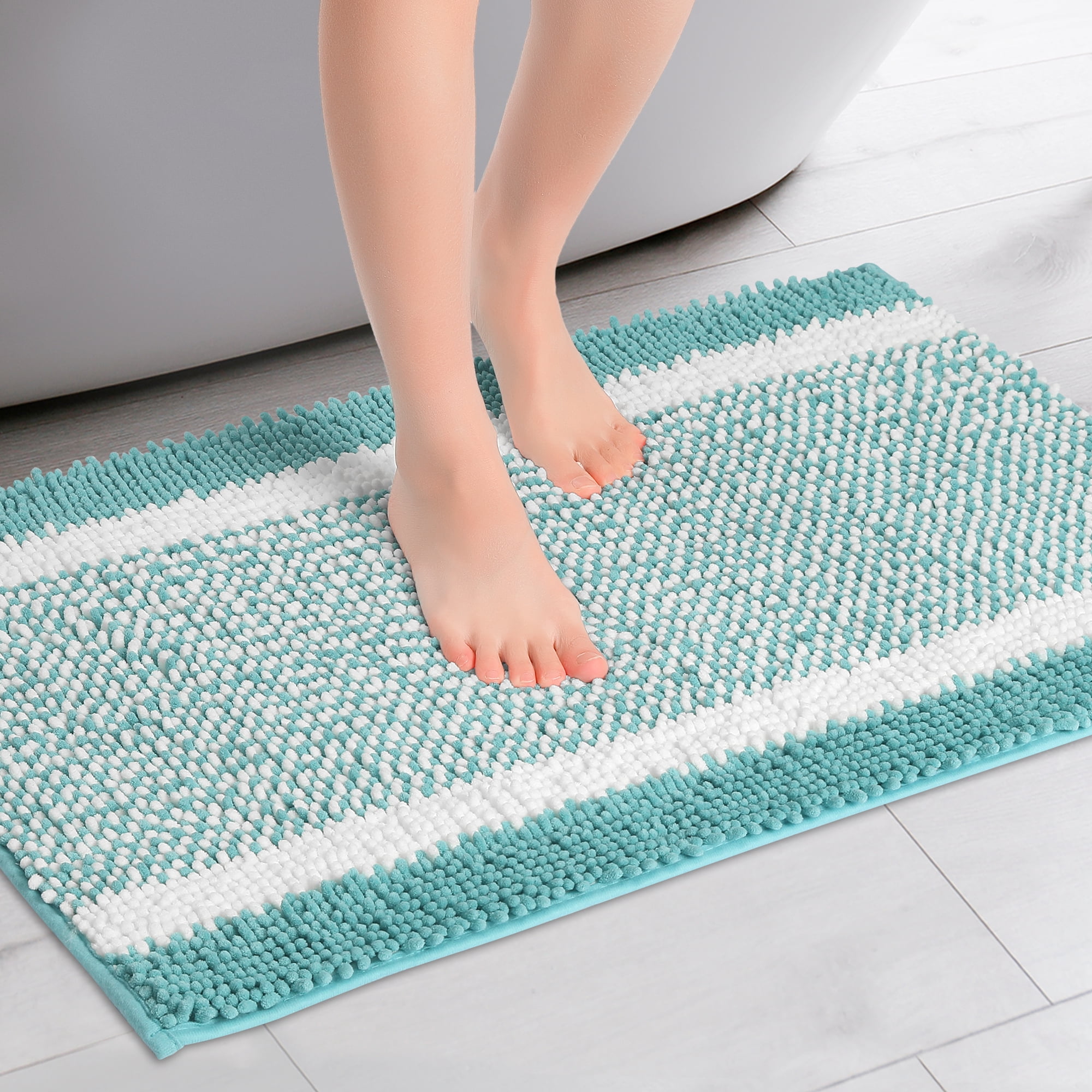 Unique Bargains Chenille Striped Bathroom Rug Mat Non-Slip Soft Plush Shaggy Bath Carpet Green 20" x 32"