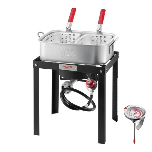 VEVOR 18 Qt Fish and Wing Fryer with Double Basket, Aluminum Propane Fish Fryer Kit, Outdoor Deep Fryer Seafood Pot with Thermometer and 58,000 BTUs Propane Burners, for Outdoor and Backyard Cooking