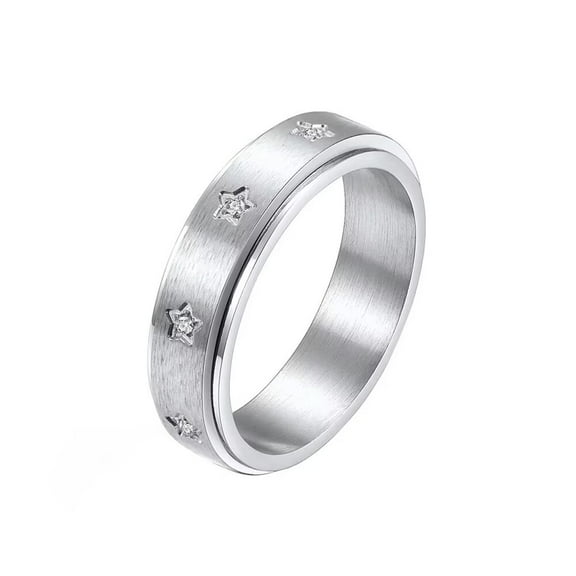 PAURO Unisex Stainless Steel Fidget Anxiety Engraved Stars Inlaid Cubic Zirconia Rotating Ring Silver Size 5