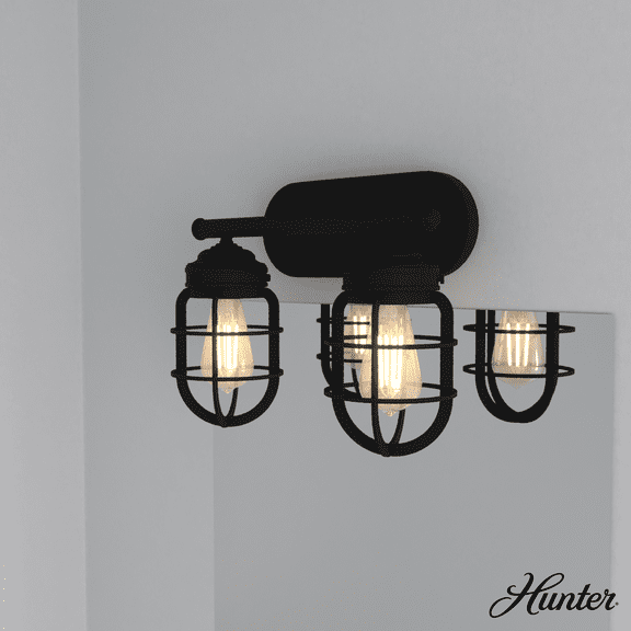 Hunter - Starklake 2-light Natural Black Iron, Small Vanity Light, Dimmable, Caged Style, for Bedrooms, Kitchens, Dining, Living Rooms - 19844