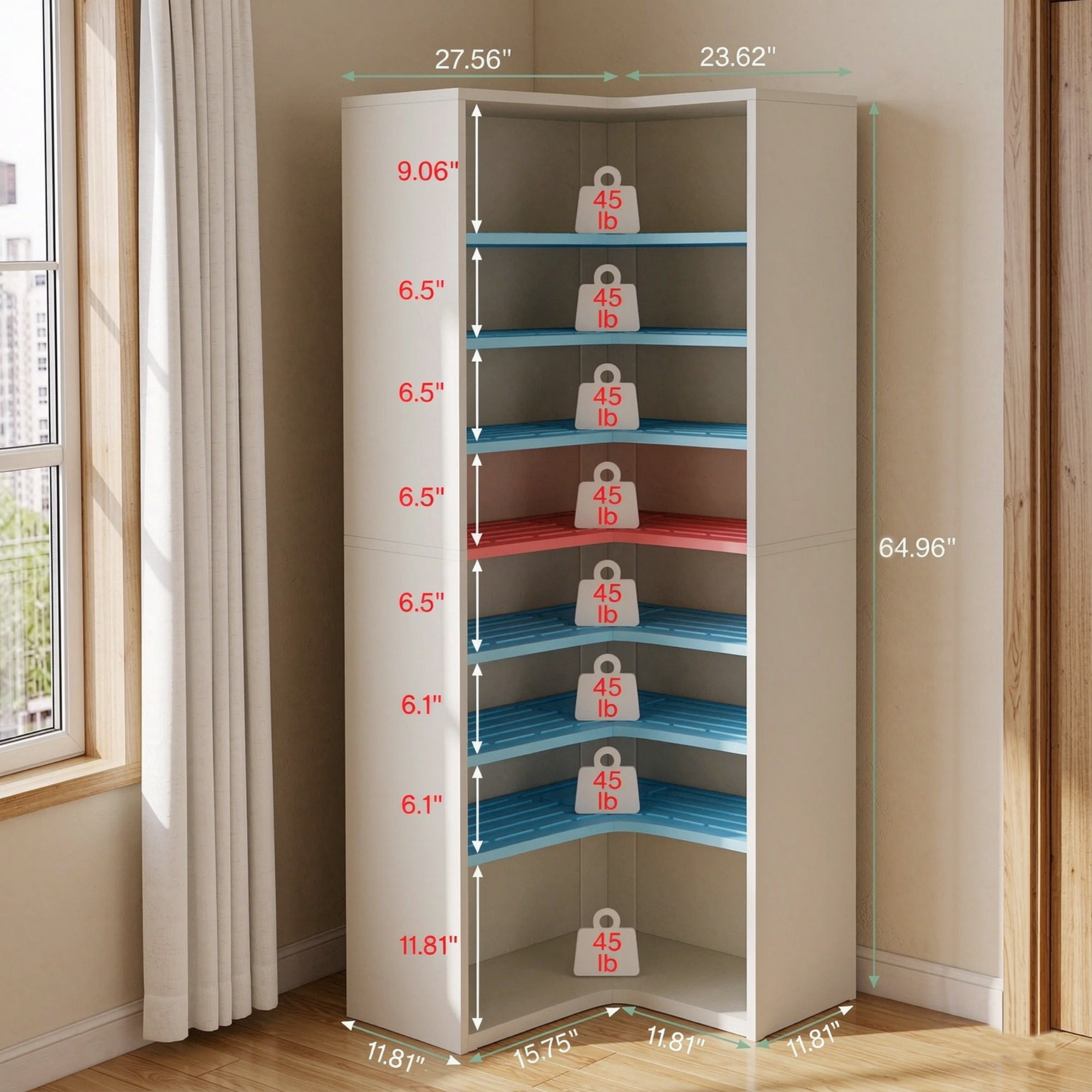 9 Tier L Shaped Bookcase Display Shelf, MDF Corner Bookshelf, 27.56 in L x 23.62 in W x 64.96 in H