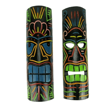 Brightly Colored Wood 20 inch Tall Tiki Totem Masks Set of