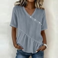 thumbnail image 1 of Craaazy Women's Plus Size Versatile Solid Color Cotton Linen V-Neck Short Sleeve T-shirts with Ruffle Trim for Daily Wear, 1 of 7