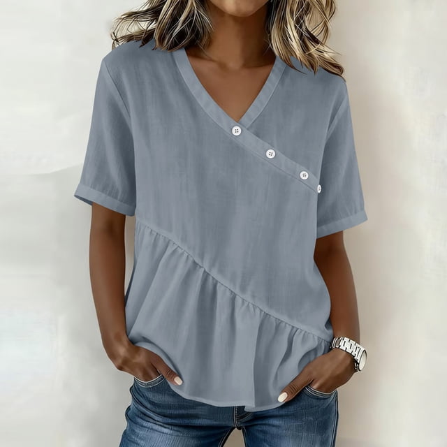 Craaazy Women's Plus Size Versatile Solid Color Cotton Linen V-Neck Short Sleeve T-shirts with Ruffle Trim for Daily Wear