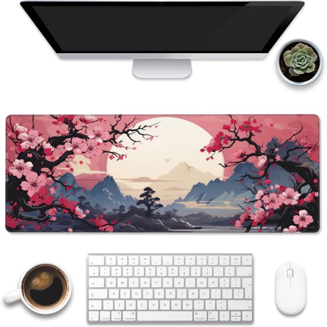 Pink Cherry Blossom Tree Desk Mat 31.5x11.8in Mountains & Sun Design Extended Big Computer Keyboard Pad Non-Slip Base & Stitched Edge Ideal for Home Office