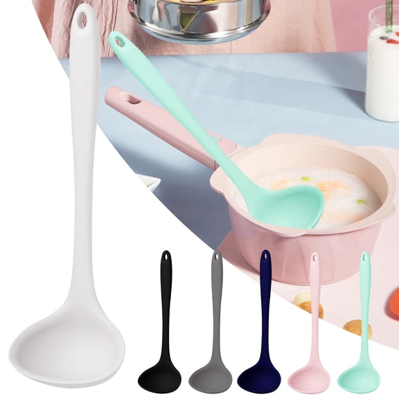 Queroig Kitchen Ladle Anti-scald Flexible Silicone Long Handle Soup Scoop Cooking Spoon for Home