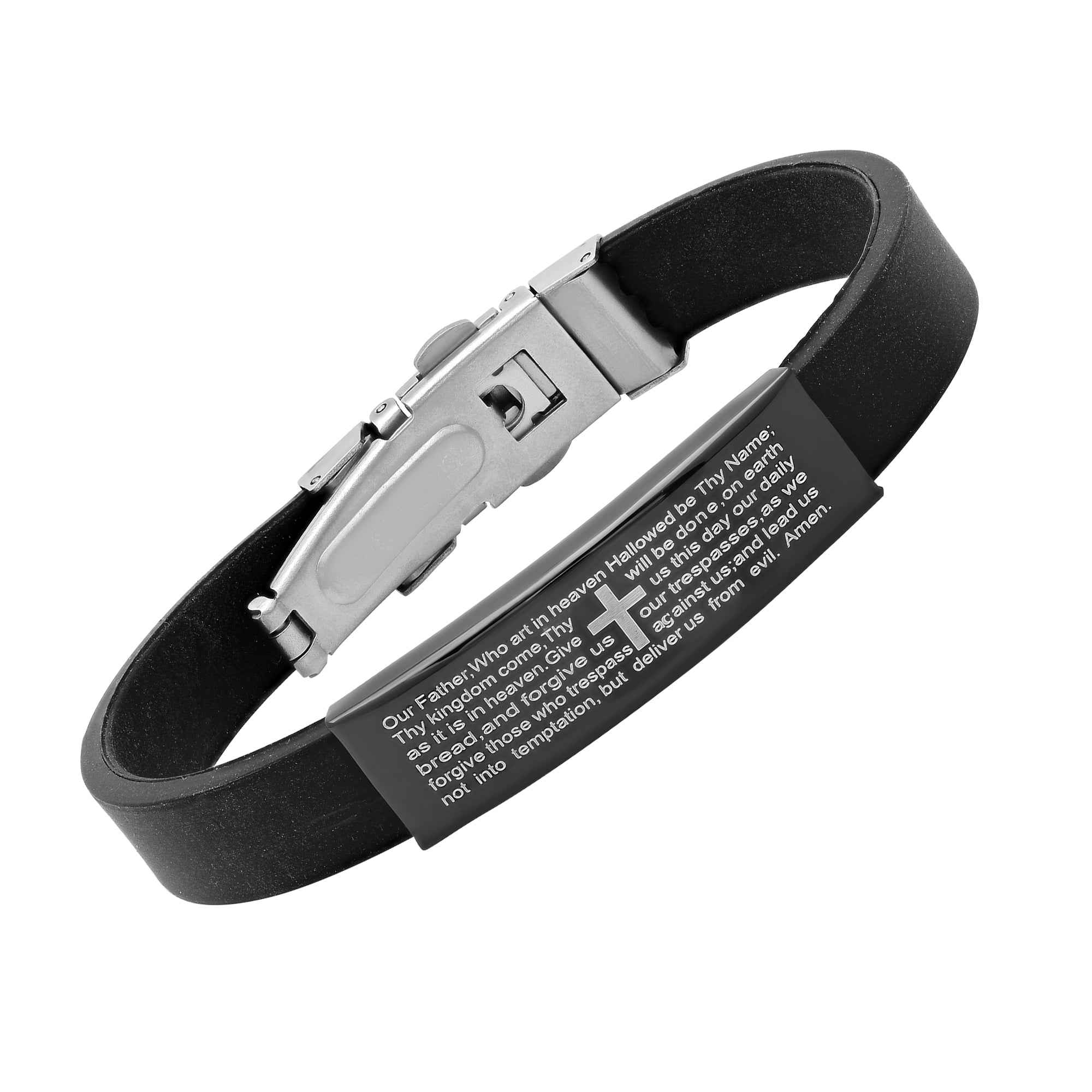 Steeltime Men's Black Silicone & Stainless Steel ID Bracelet with Lords Prayer Inscription