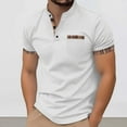 thumbnail image 2 of XIAONU Men's Short-Sleeve Mandarin Collar Polo Shirt Plaid-Accent Pocketed Top Stylish Daily Office Weekend Casual Wear, 2 of 5