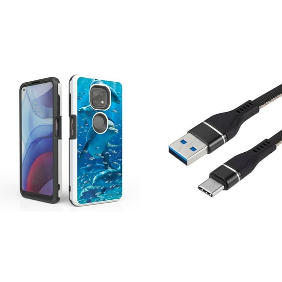 Bemz Accessory Bundle for Moto G Power (2021) Case with: Dual Shield Slim Rugged Hybrid Protective Cover, Fast Charging Sync USB-C to USB-A Cable (3 Feet) and Touch Tool - Dolphins