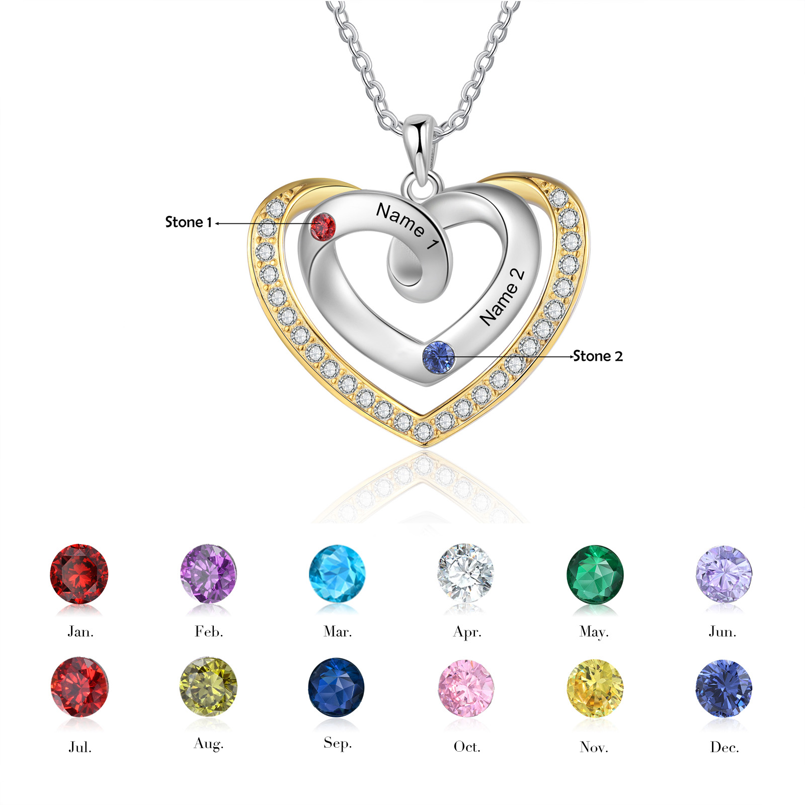 Mementos Personalized Rhodium Plated Brass Family Necklace for Women(Mom) with 2 Birthstones Names