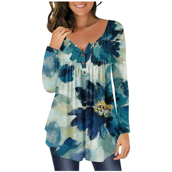 IROINNID Savings Ladies Long Sleeve T Shirts Lounge T-shirt Printed Round Neck Ruched Button Pullover Blouse Tops,Blue