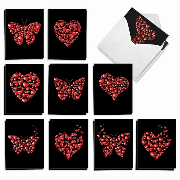 The Best Card Company 20 Assorted Valentine's Day Notecards Box Set 4 x 5.12 Inch with Envelopes (10 Designs, 2 Each) Hearts and Butterflies AM9076VDG-B2x10