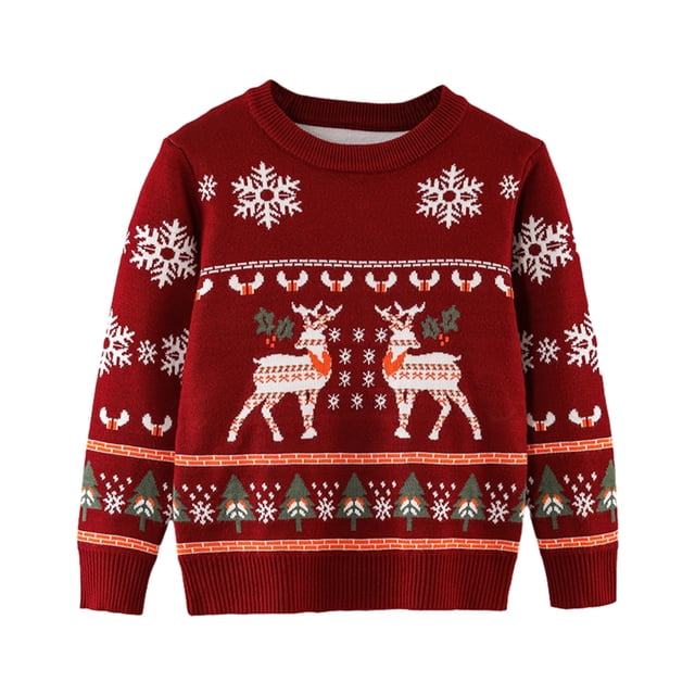 Suéteres De Punto Jersey de punto para niños y niñas, suéter con copos de nieve navideños con estampado de alces para niños Kuymtek Vino rojo*3-4 años Única para Niña