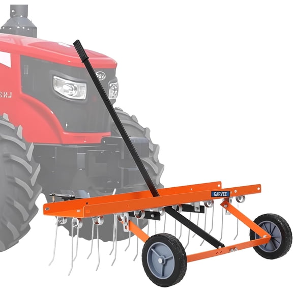 QinaQin 40-Inch Tow Behind Lawn Rake,Tow Dethatcher with 20 Spring Steel Tines,Lawn Dethatcher Rake,Lawn Sweeper with Lift Handle for Garden Farm Grass,Orange