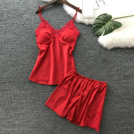 

TOTO Lingerie For Women Two Pieces Lace Flower Satin Lingerie Top And Shorts Sleepwear Pajama Set Nightgowns For Women