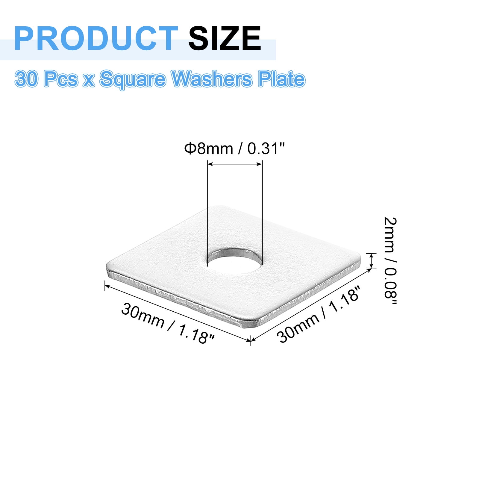 30Pcs 1-3/16" Square Plate Washer for 5/16" Bolt, 201 Stainless Steel Flat Bearing Plate (0.08" Thick)