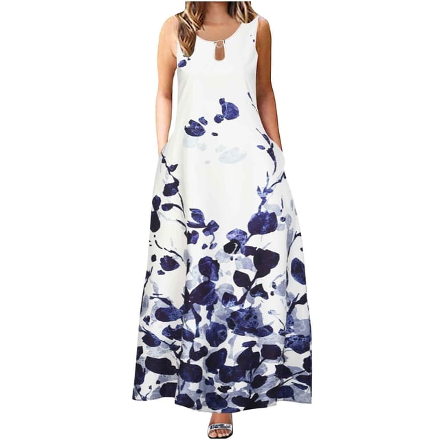 Robes Soleil pour Femmes 2023 Décontractées Mode Femme Été Confortables Sans Manches à Col Rond Robe Rétro Évasée Robes de Boîte de Nuit pour Femmes 2023 en Liquidation