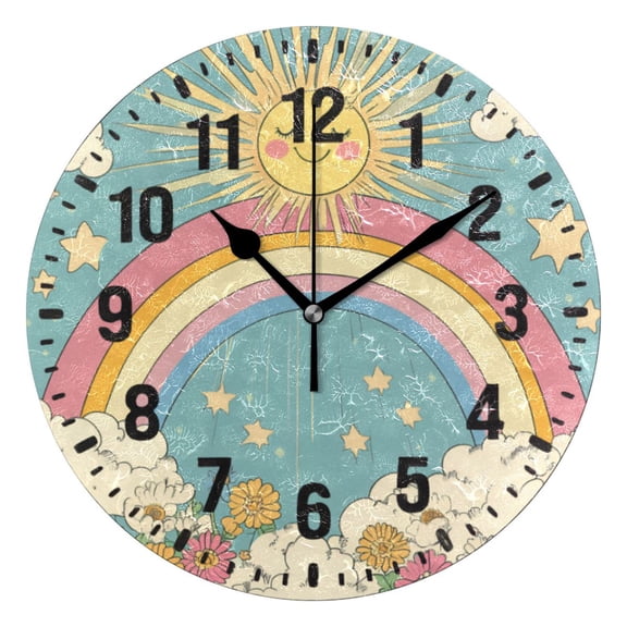 Yayeee 10" Wall Clock Battery Operated Quartz Round Silent Non-Ticking Home Decor, Retro Beige Rainbow