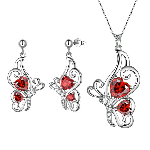 Beautlace Butterfly Heart Jewelry Set,925 Sterling Silver Red Garnet Birthstone Pendant Necklace/Earrings Set Cute Animals Jewelry Gift for Women