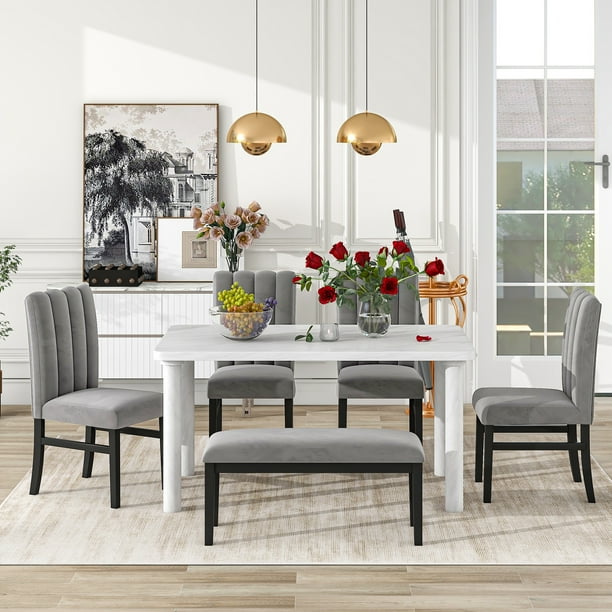 Dining Room Set for 6, WEPSEN 6 Piece Dining Room Set, Farmhouse Dining