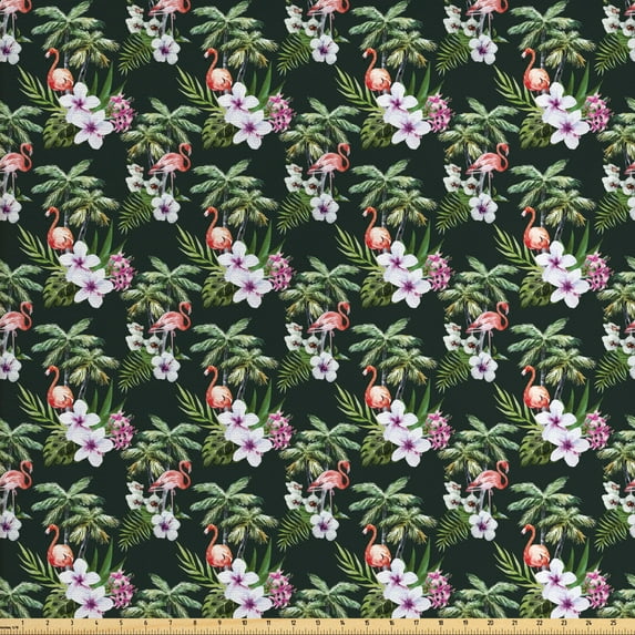 Tropical Fabric by the Yard, Pattern of Bouquet with Exotic Flowers Leaves Palms and Flamingos, Decorative Upholstery Fabric for Sofas and Home Accents, Hunter Green Multicolor by Ambesonne