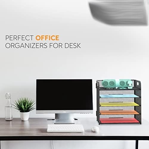 2 Pack Letter Tray 5-Tier Desk Organizer File Paper Holder with Handle, Metal Desktop Document Shelf Tray Office Classroom Organization - Black