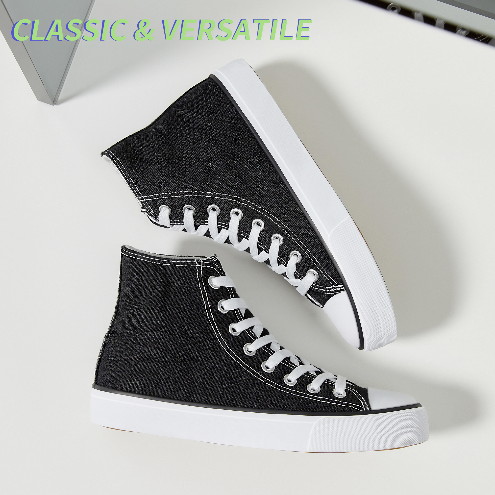 AOMAIS Womens High Top Canvas Sneakers Lace Up Mid Top Canvas Shoes Comfortable Non Slip Walking Shoes Casual Tennis Shoes for Women(Black US7)