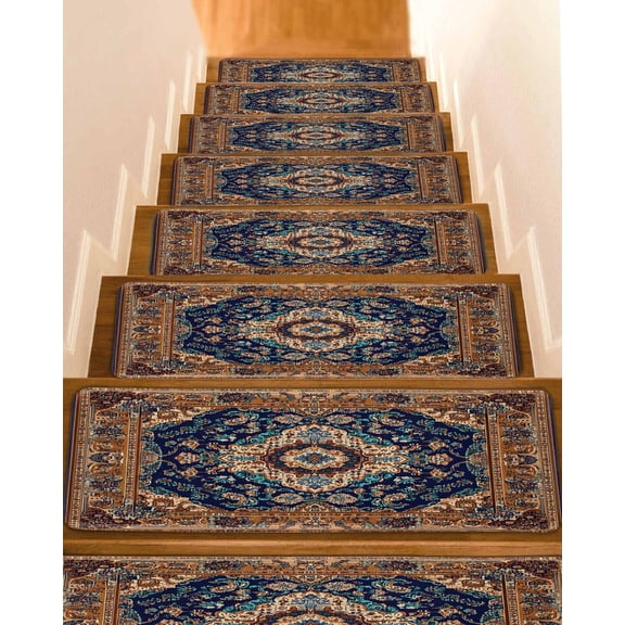 Bohemian Vintage Non-Slip Stair Treads for Wooden Steps, 10 Pack 8x30 Inches Carpet Stair Mats with Adhesive Backing, Noise-Reducing Step Covers for Indoor Stairs, Easy to Install & Residue-Free