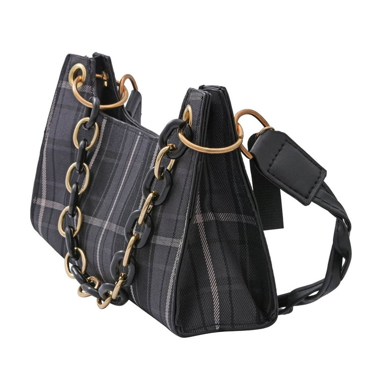 Shop LC Women Black Color Check Pattern Faux Leather Mini Handbag with Handle Drop and Shoulder Fixed Strap Birthday Gifts Walmart