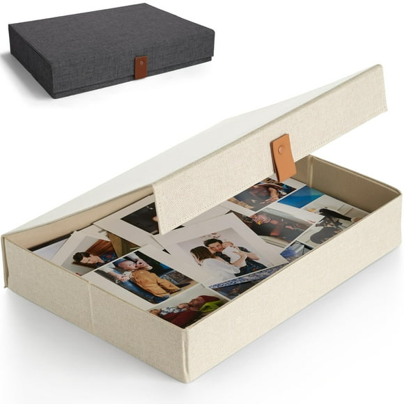 Caja de almacenamiento de fotos ZICOTO decorativa con tapa de lino, 36 x 27 x 6 cm