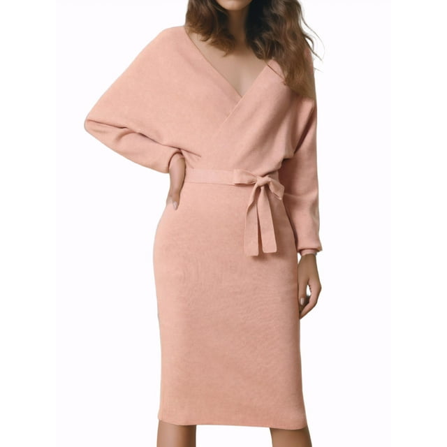 INSPIRE CHIC Robe Midi pour Femme Col en V Profond Manches Chauve-Souris Longues Ceinturée Robe Chandail Portefeuille S Rose