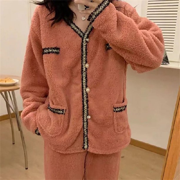 Conjunto de Pijama de terciopelo Coral para mujer, ropa de dormir de franela de manga larga, bonita, para invierno, novedad de 2022