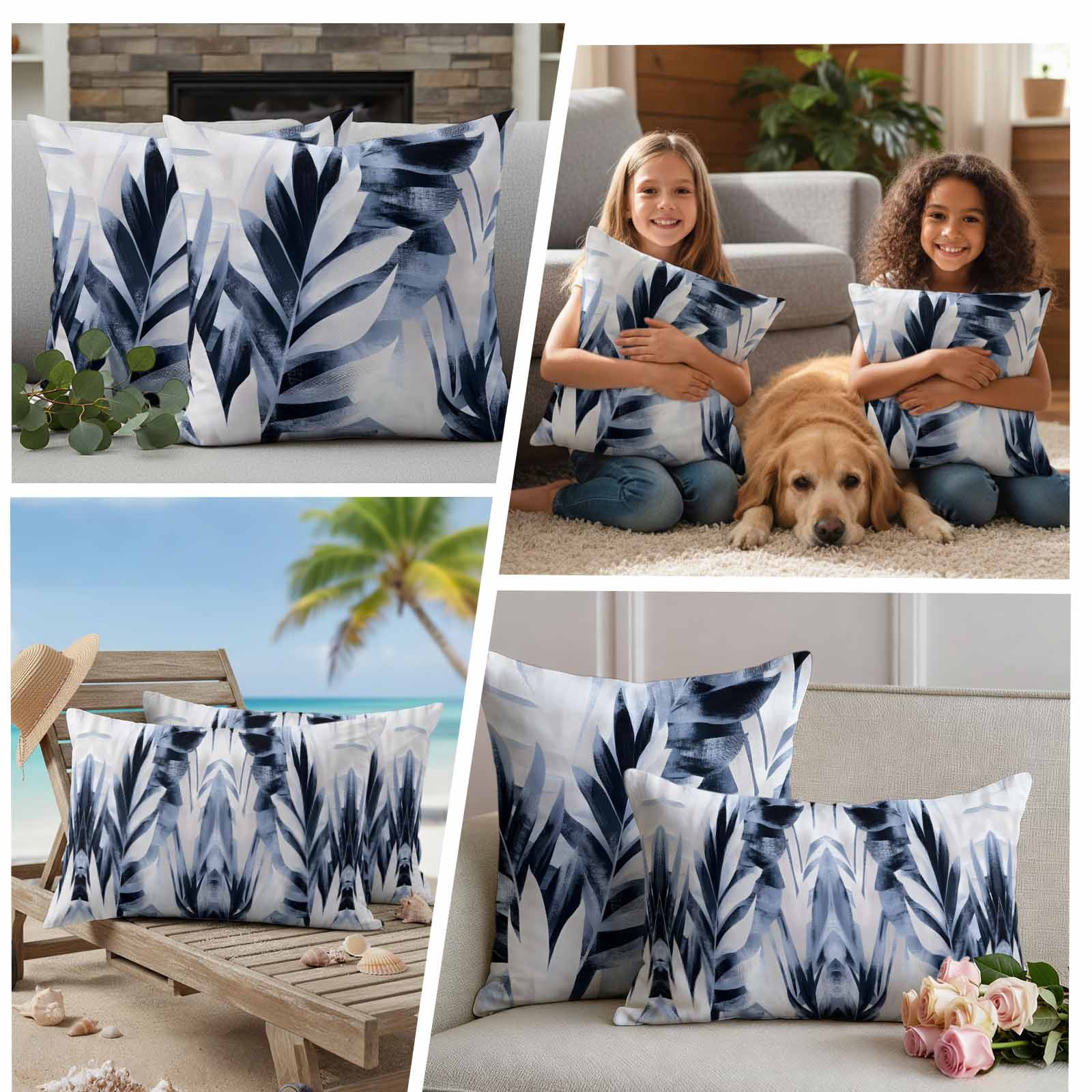 Navy Blue Palm Leaf Outdoor Waterproof Pillow Covers, Botanical Vintage Tropical Leaves Decorative Square Throw Pillowcase Sofa Cushion Sham for Patio/Couch/Chair, 20"x20" 2 Pack