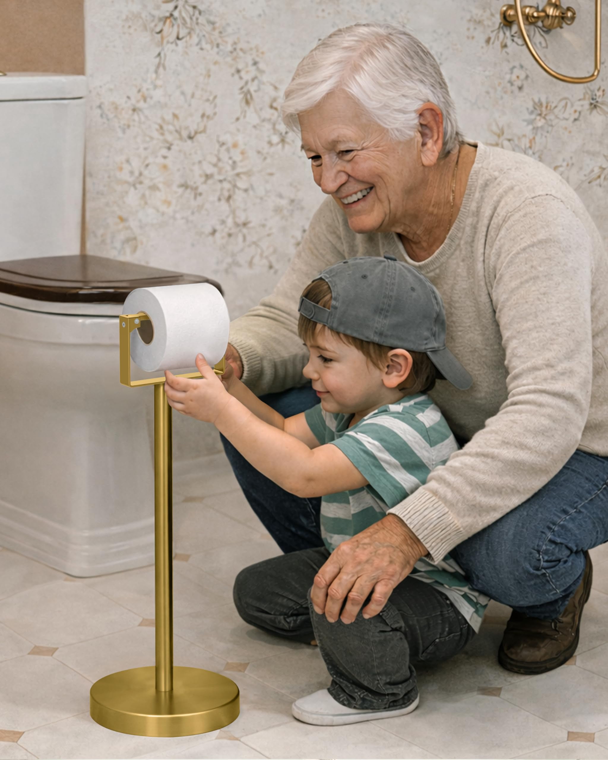 RUACQ Toilet Paper Holder Stand, Magnetic Closure Toilet Paper Stand with Lift-Up Rotating Arm, SUS304 Stainless Steel Bathroom Toilet Paper Holder Free Standing, Weighted Base (Brushed Gold)