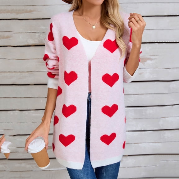 ClodeEU Women's Valentine's Day Cute Heart V Neck Cardigan Sweaters, Ribbed Knit Open Front Sweater Coats White,Womens Plus L