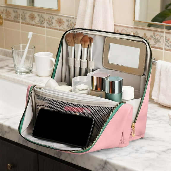 Large Capacity Leather Travel Toiletry Bag for Women, Multipurpose Hanging Cosmetic Organizer with Dividers, Waterproof Portable Makeup Bag with Handle for Daily Use, Travel, and Christmas Gifts