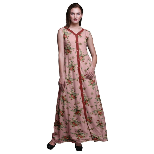 Bimba Floral Printed Front Slit Sleeveless Summer Spring Long Women BeachDress-Large