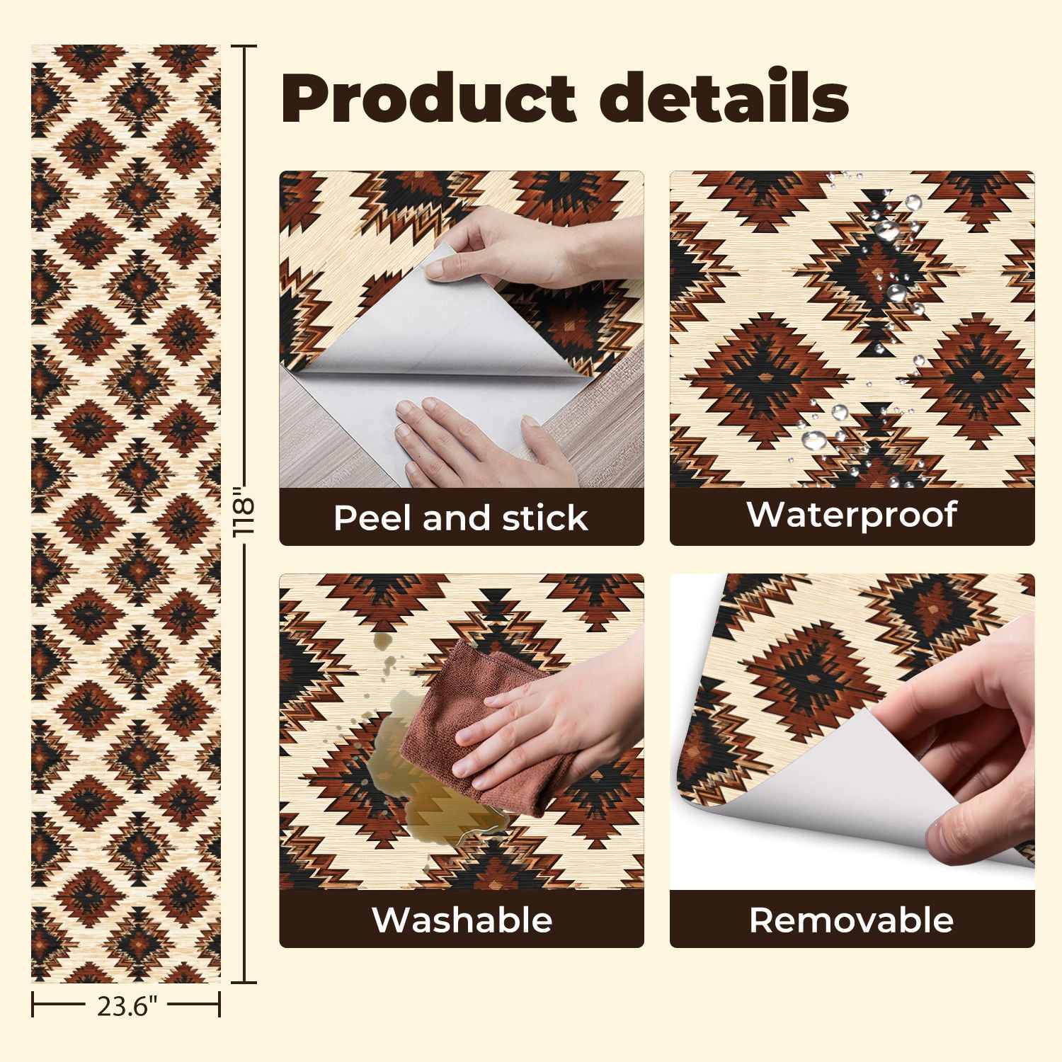 Aztec Peel and Stick Wallpaper Geometric Diamond Earthy Tones Vintage Texture Wall Mural 23.6in x 9.8ft Self Adhesive Removable Wall Paper Renter Friendly Wallpaper for Nursery Bedroom Cabinets