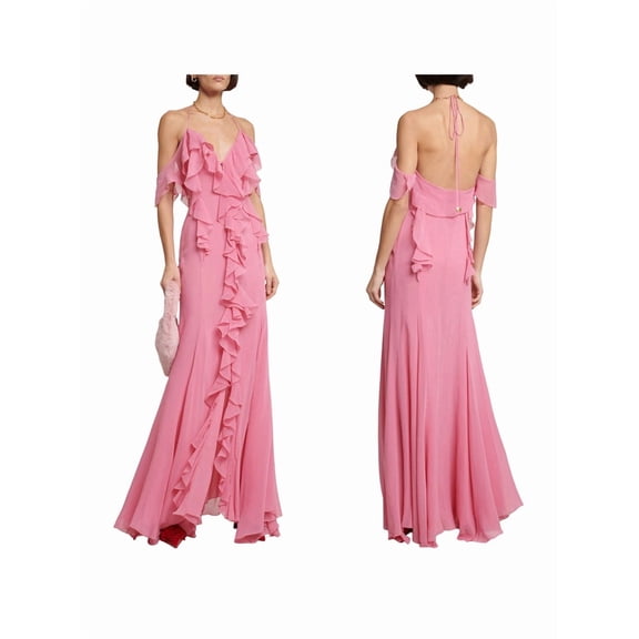 Women'S Chiffon Halter Maxi Dress Sleeveless Backless with Asymmetrical Ruffle Detail Pink M