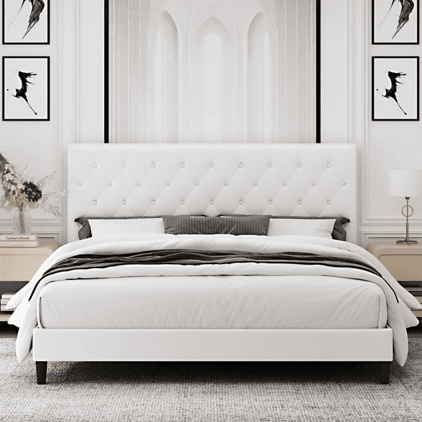 Homfa King Bed Frame, White Faux Leather Upholstered Button