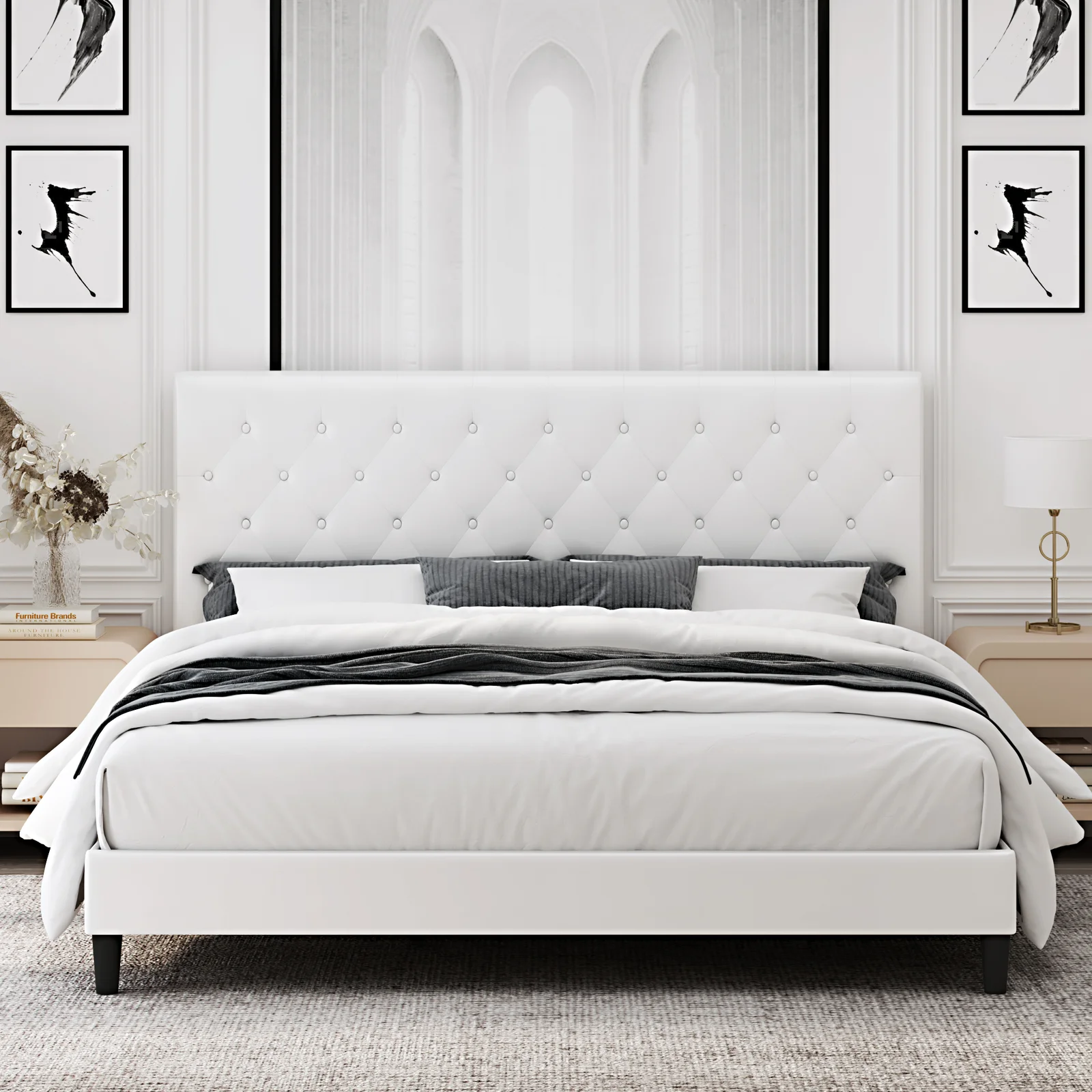 Homfa King Bed Frame, White Faux Leather Upholstered Button Tufted Low Profile Platform Bed Frame with Adjustable Headboard for Bedroom - image 5 of 8