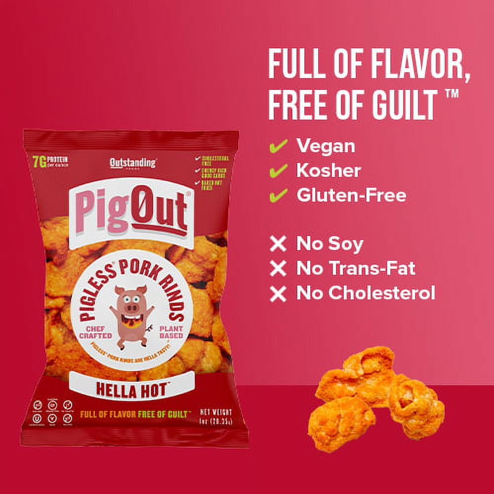 PigOut, Plant-Based Pigless Pork Rinds, Hella Hot 1 oz.