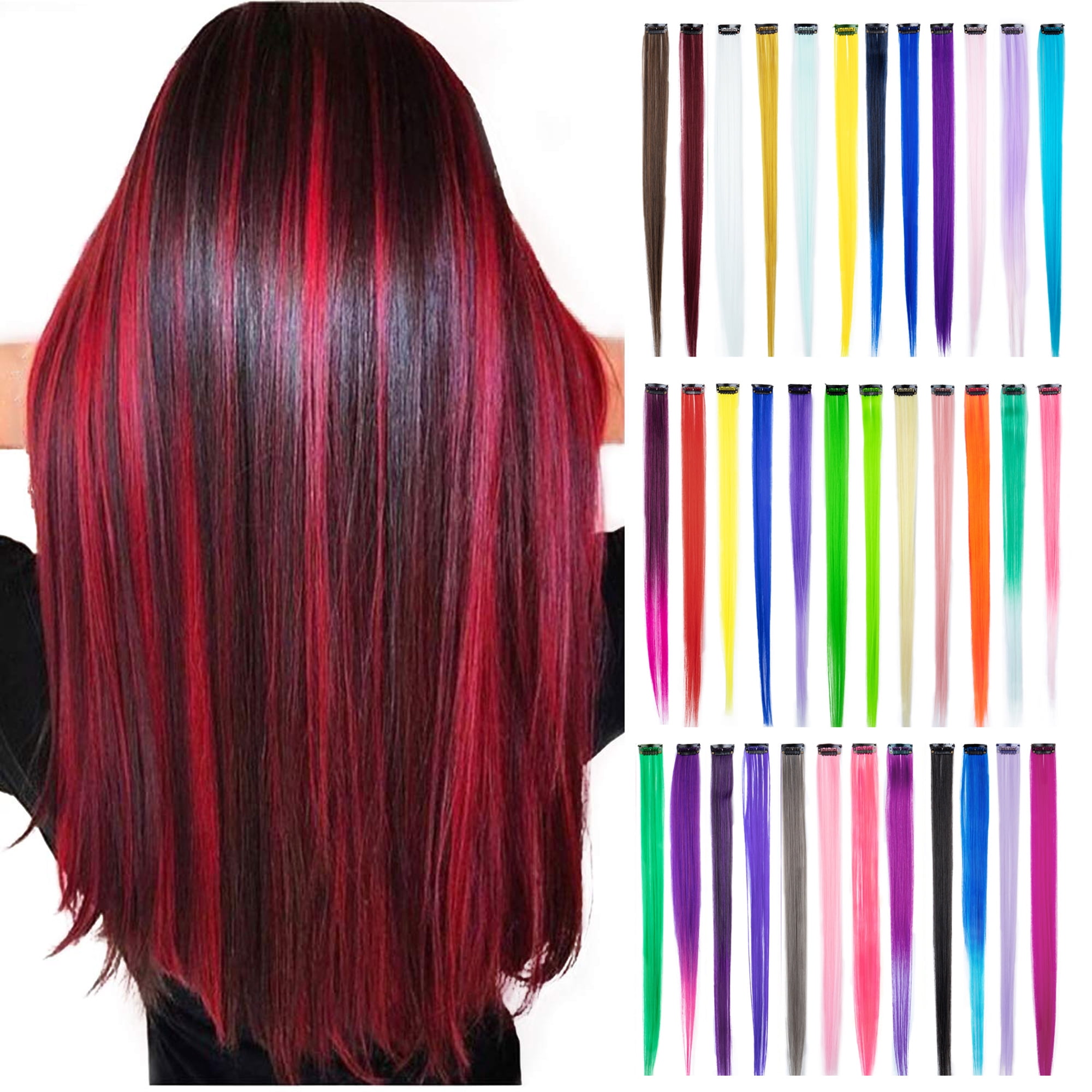 Colored Clip in Hair Extensions, Colorful Straight Long Hair Extensions  Party Highlights Clip in Hairpiece for Kids Girls,36 Pcs (27 Pure Color & 9  Gradient Colors) 22 Inch 