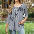 thumbnail image 5 of JTZGDY Summer Tunic Tops for Women Dressy Casual 2025 Fashion 3/4 Lenght Sleeve Floral Printed Ruched Pleated Crewneck Graphic T-Shirts Loose Fit Curvy Hem Blouse Gray#01 S, 5 of 7